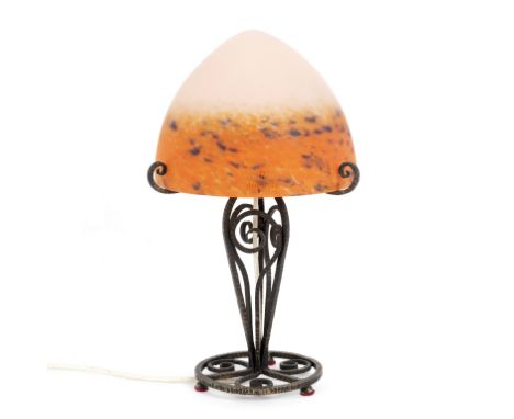 Degué (Cristalleries de Compiègne), a cameo glass lamp with mottled amber and violet conical glass shade, signed, 22cm diamet