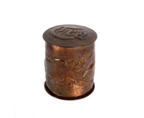 A Newlyn School copper tea caddy, the lid marked 'Tea', the cylindrical body with repoussé decoration of fish swimming in bub