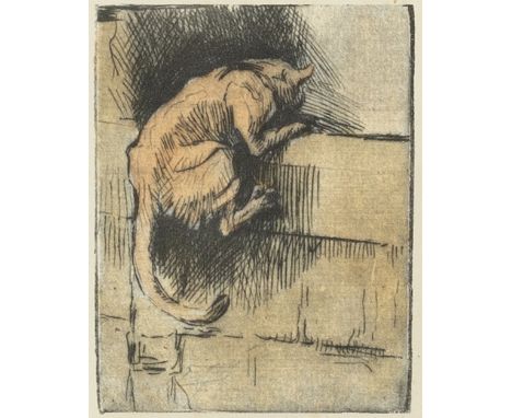 Lowes Dalbac Luard (1872-1944)/Cat Climbing a Wall/colour etching, 9cm x 7cm 