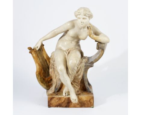 Goldscheider, a glazed terracotta figure of Psyche, seated holding a lyre, circa 1920, impressed marks, 47cm high