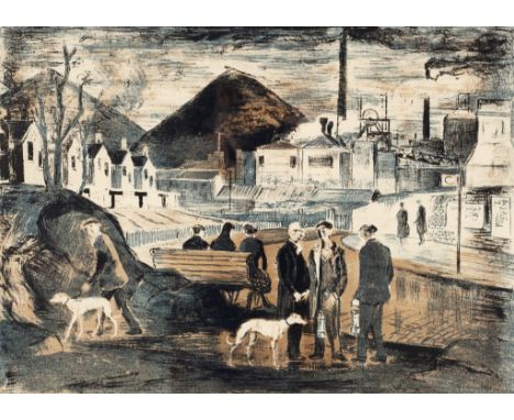 Arthur Charlton (British 1917-2007)/Miners and Whippets/figures in a mining town/lithograph, 32cm x 45cm