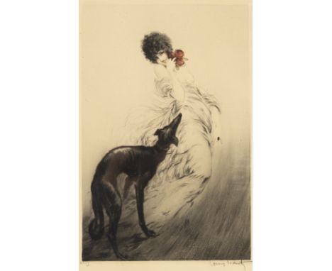 Louis Icart (French 1888-1950)/Favourite Scent, 1920/girl holding roses, with Borzoi hound/signed and numbered No.139/drypoin