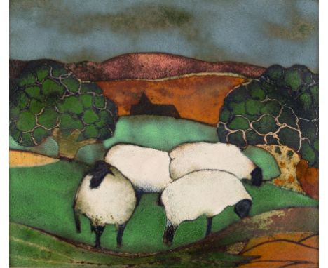 Beryl Turpin (British, 20th Century)/Four Sheep/enamel on copper, 18cm x 21cm 
