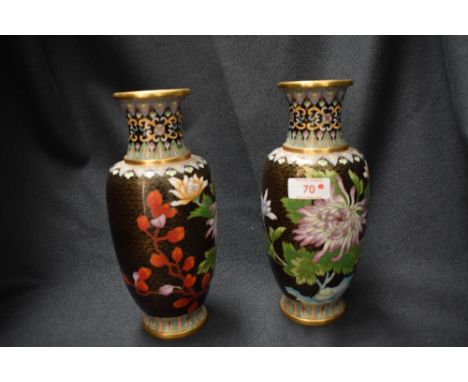 Two Cloisonné enamel vases having chrysanthemum and bird pattern designs
