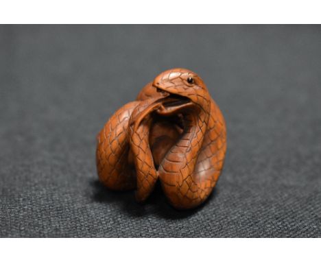 An early 20th century Japanese carved wood Netsuke of a Snake wrapped around a Frog