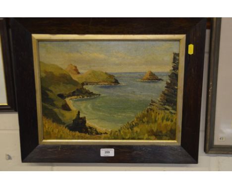 R Wallington Coates, oil on bard study of a coastal scene, dated '49, contained in rosewood frame  