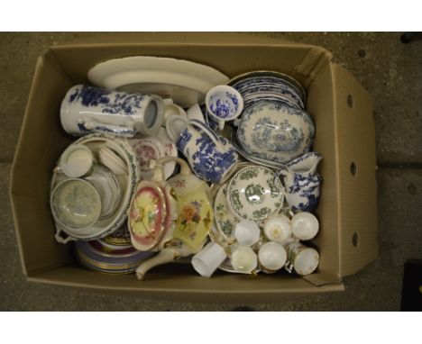 A large quantity of various decorative dinner plates; a blue and white coffee pot; sucrier on stand; coffee cans etc. 