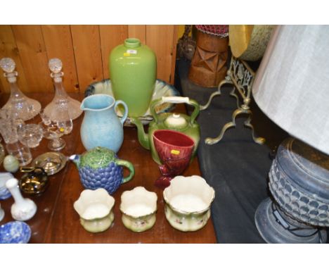 A Victorian floral decorated washbowl; a Price Bros. jug; a china teapot; a large green glass vase etc. 