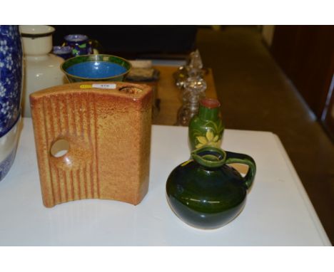 A green cloisonné vase; a  small daffodil vase; a Scottish green glazed vase; and a 1950's brown glazed vase