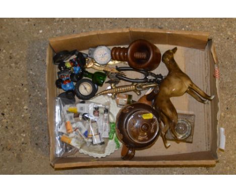 A tray containing compasses, Golly figures, a Royal Doulton Harvestware teapot etc. 