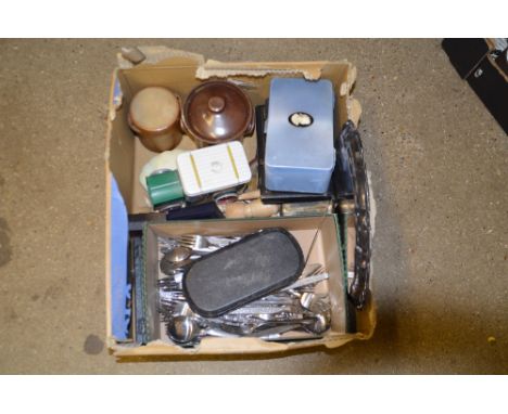 A box containing cutlery, a ladle, a silver plated salver etc. 