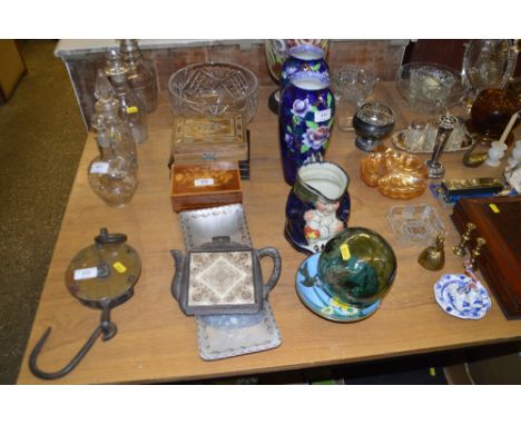 A cut glass fruit bowl; three various wooden trinket boxes; a metal tray; and a teapot stand 