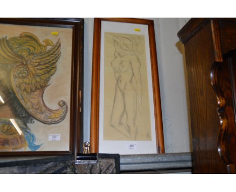 A pine framed pencil sketch of a nude female, signed to bottom right 