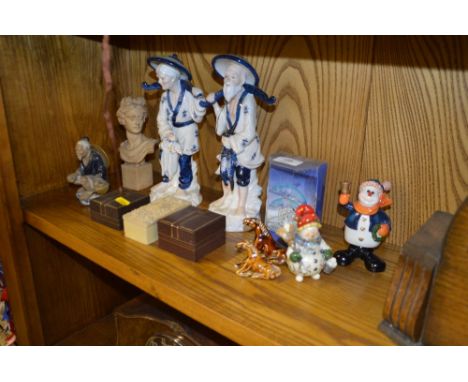 A pair of china figures; a small bust; various other decorative ornaments; a trinket box etc. 