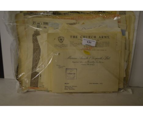 A large variety of old bill heads, including "Great Yarmouth Arcade", "Church Army" etc, plus various bonds 