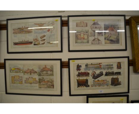 A set of four framed and glazed coloured sectional and architectural prints depicting boats, houses and model steam locomotiv