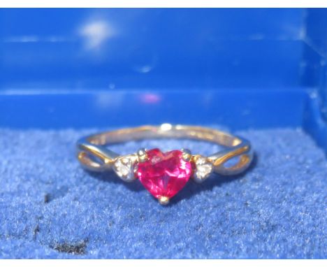 9ct Gold ring set with created ruby &amp; diamonds Size M