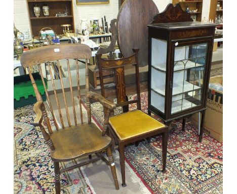 An inlaid mahogany Art Nouveau-style bedroom chair, a stick-back farmhouse-style chair, a Victorian dressing table and an Edw