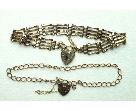 A 9ct gold gate-link bracelet with padlock clasp and a small 9ct gold curb-link bracelet with padlock clasp, 6.5g, (2).