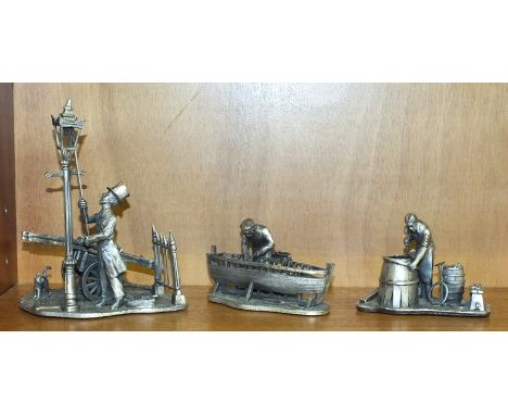 Three Evergreen Collection pewter figures, including Lamp lighter, Boat builder and Cooper, (3).