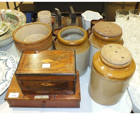 A set of travelling apothecary scales by Degrave, Short &amp; Co. Ltd, various stoneware jars and miscellaneous items.