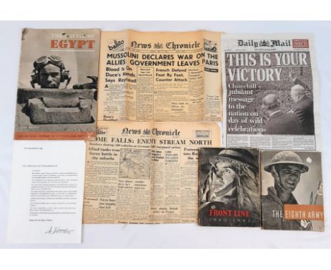 A Collection of World War 2 Ephemera Comprising Front and Back Cover ofthe New Chronicle Dated 5th June Headline ‘Rome Falls’