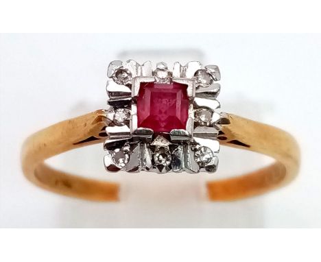 AN 18K GOLD SQUARE SHAPED RUBY AND DIAMOND CLUSTER RING .  3.3gms   size P 