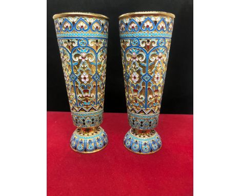 Magnificent pair of Russian silver enamel vases Height 14cm Diameter base 4.6cm Diameter top 5.5cm