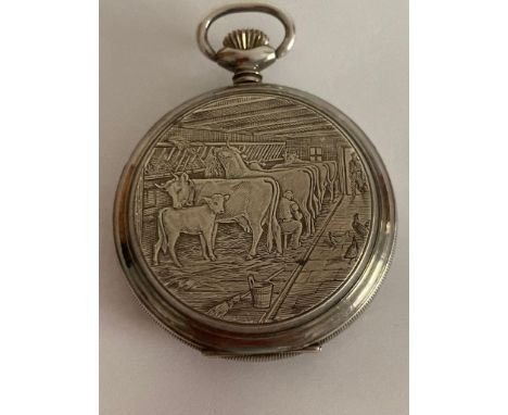 Stunning vintage ARNEX farm scene pocket watch, having white face with cattle and floral detail, Black Roman numerals with go
