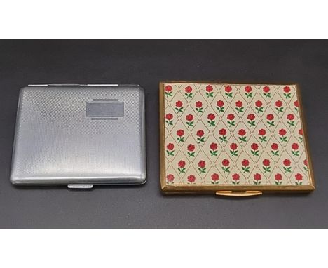 Two Vintage Cigarette Cases. White metal case plus a  Rose decorative and gilded interior case. Rose - 9.5 x 8cm. White metal