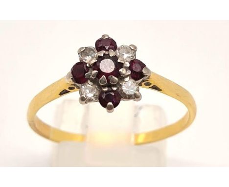 18K YELLOW GOLD DIAMOND &amp; RUBY CLUSTER RING 2.5G SIZE V 