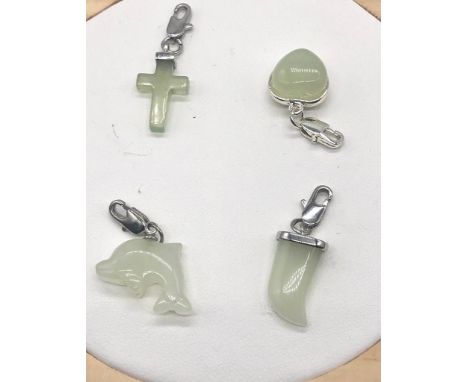 Four Miniature Jade Figure Pendants - Heart, Bear claw, cross and a Dolphin. 