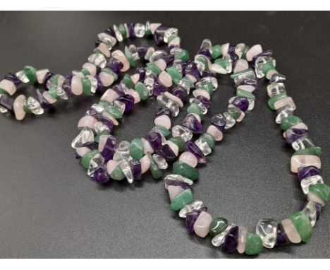 A Fluorite, Jade and Rose Quartz Rough Beaded Necklace. 80cm. 
