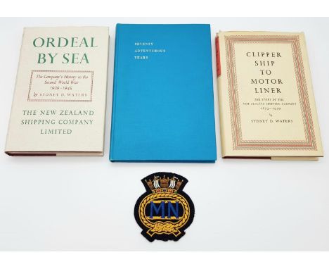 A Vintage Collection of Military Interest Merchant Navy Books and Cloth Uniform Badge Comprising Ordeal by Sea the New Zealan