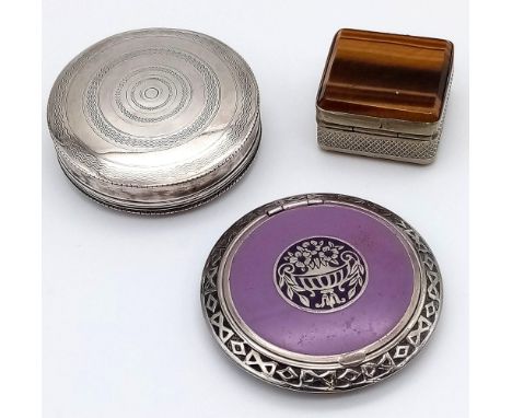 A collection of 3 solid silver pill/snuff boxes to consist of: An enamel box (tested 800 silver) 38.6 grams, 6cmA French piec