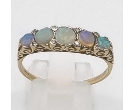 9K YELLOW GOLD 5 STONE OPAL RING WITH ACCENT DIAMONDS 2.7G SIZE V 