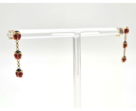 18K YELLOW GOLD LADYBIRD DROP EARRINGS WITH ENAMEL WORK 1.7G 