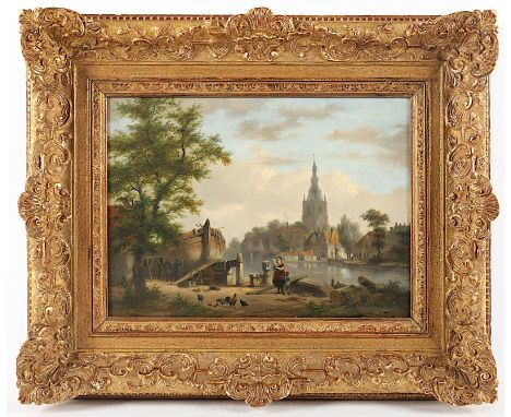 VAN HOVE, Bartholomeus Johannes (1790-1880), "Ansicht von Overschie", Öl/Holz, 29 x 38,5, unten links signiert und "1866" dat