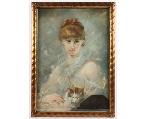 Chaplin, Charles Josuah (1825-1891), Kopie nach, "Portrait einer jungen Frau mit Katze", Pastell/Papier, 74 x 52, unten recht