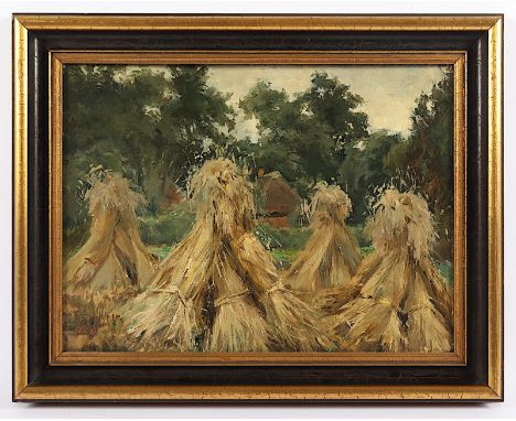 SCHAPER, Friedrich (1869-1956), "Landschaft mit Getreidegarben", Öl/Malplatte, 28,5 x 38,5, unten links signiert, R. 