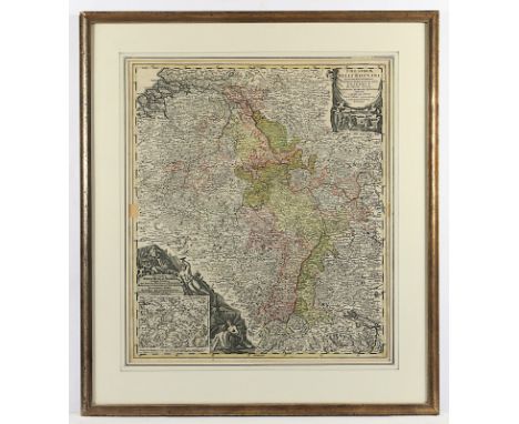 Rheinlauf, "Theatrum Belli Rhenani", kolorierter Kupferstich, 55 x 47, Joh.Bapt. Homann, Nürnberg, um 1760, R. 