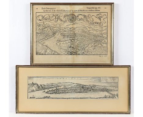 ZWEI ANSICHTEN KOBLENZ, Holzschnitt aus der Cosmographia von Sebastian Münster, sowie Kupferstich, 11 x 46, Braun &amp; Hogen