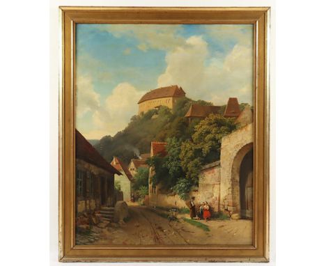 ZSCHIMMER, Emil (1842-1917), "Szene aus einer Kleinstadt mit Burgansicht", Öl/Lwd., 100 x 80, besch., unten links signiert un