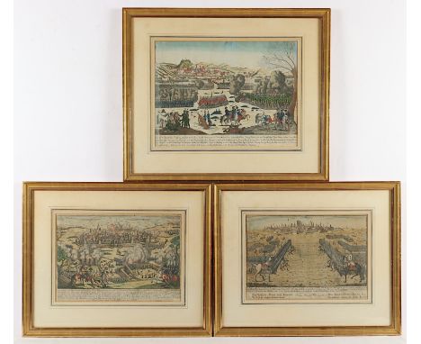 3 SCHLACHTENBILDER, kolorierte Kupferstiche, bis 25 x 39, Deutsch, 18.Jh., R. 