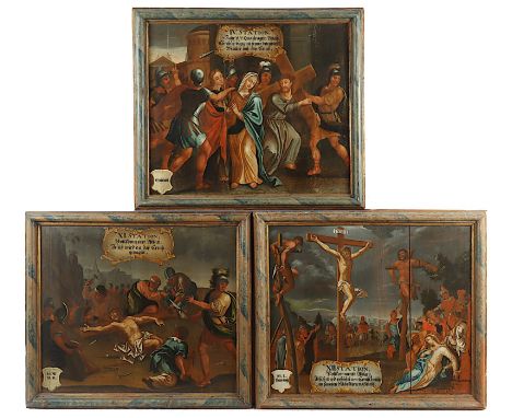 SAKRALMALER E.18.JH., "Drei Kreuzwegstationen", Öl/Holz, 75 x 94, besch., R. 