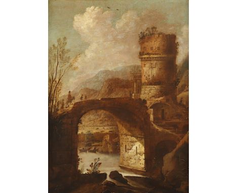 VERHAERT, Dirck (1610-1680), "Landschaft mit römischen Ruinen und Steinbrücke", Öl/Holz, 48,5 x 36,5, unten rechts monogrammi