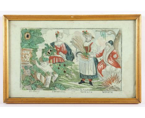 Schmidt, Albrecht (1667-1744), "Allegorie der Vier Jahreszeiten", kolorierter Kupferstich, 19 x 28, Augsburg, 18.Jh., R. 