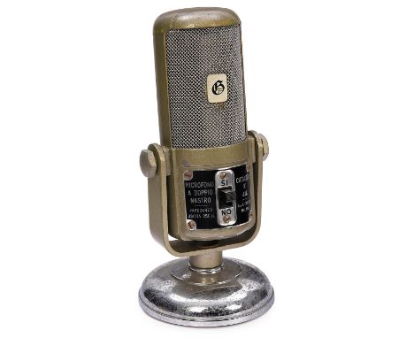 Italienisches Mikrophon von Geloso, um 1953Duales Bändchenmikrophon Nr. 416, 250 Ohm, Metallgehäuse, mit Ständer, Höhe 16 cm,