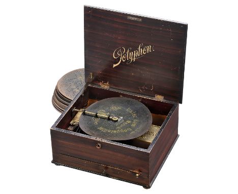 Plattenspieldose Polyphon Nr. 71G, um 1900Hersteller: "Polyphon Musikwerke, Leipzig". Für Blechplatten Ø 24,6 cm, 41 Töne im 