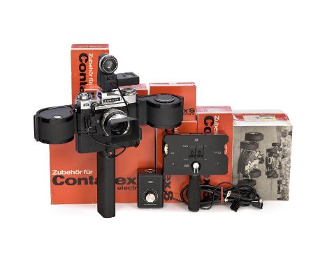 Contarex S electronic mit 6 elektronischen Zusatzgeräten, ab 1969Zeiss Ikon, Stuttgart. 1) Contarex S electronic Nr. G 36151,
